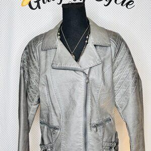 Womens Faux Gray Leather Zip Up Jacket -Stitching Detail - L